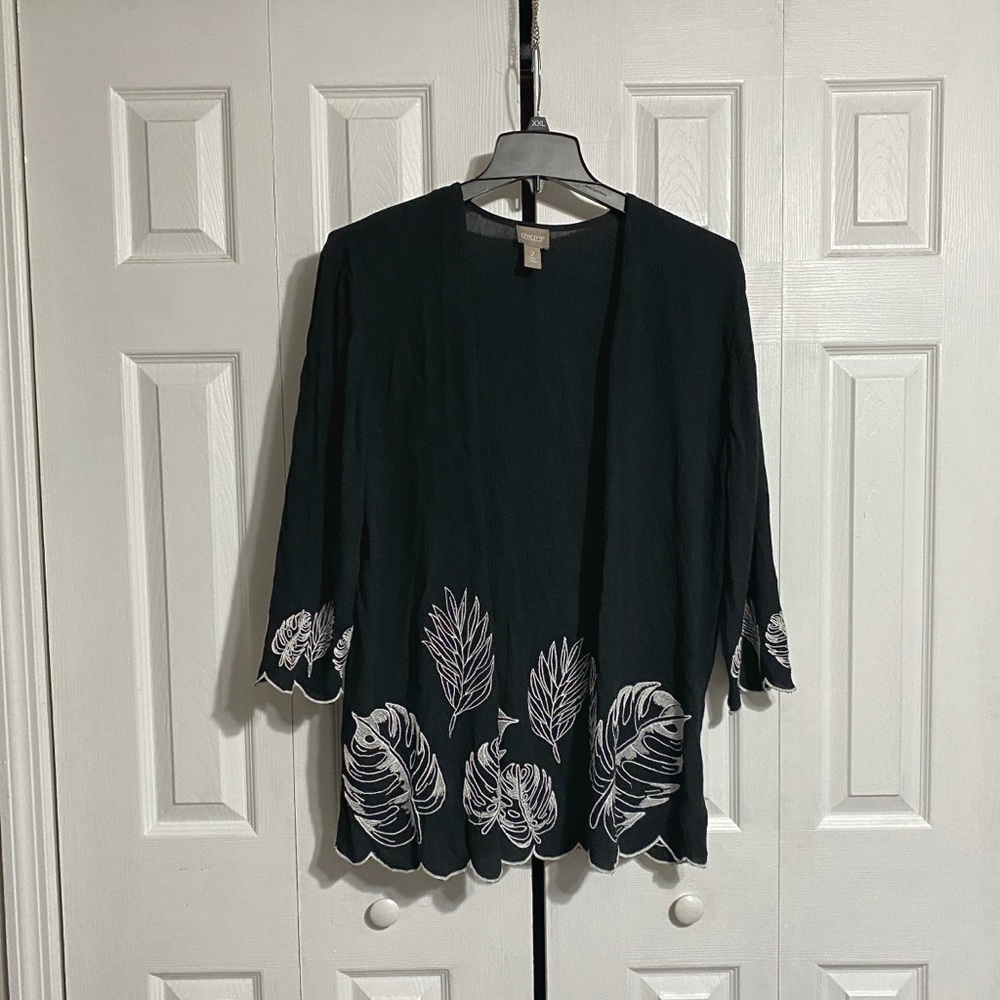 Chicos black & white leaf gauze lightweight embroidered cover up cardigan LARGE